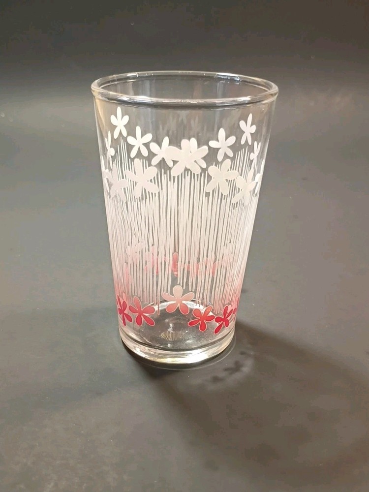 Vintage MCM 1940s-50s Juice Glass Pink And White Stripes And Daisies 3.5″