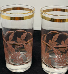 Libbey Pink & Gold Fern Glaze Drinking Glasses MCM Set of 2 Vintage