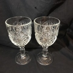 2 Star Burst Design Ribbed Stem Heavy Cut Glass 12 oz Wine Or Water Goblets EUC