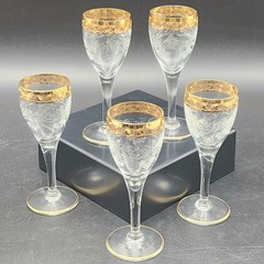 Set Of 5 Murano Medici Etched Gold Rim/Trim Apertif/Cordial /Liquor Glasses 5″