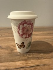 Lenox Butterfly Meadow Ceramic Tumbler Silicone Lid Double Wall Floral Bee
