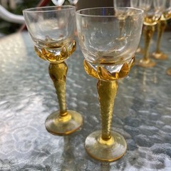 Boho Chic Vintage MCM Liqueur Glasses, Clear with Amber Coloured Stems Set Of 2
