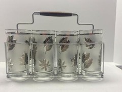 Vintage MCM Libbey Silver Leaf Drinking Bar Glasses w/ Metal Wire Holder Set 8