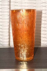 Vintage 6.25″Drinking Glass Iridescent Amber Carnival Tumbler Ribbed Retro
