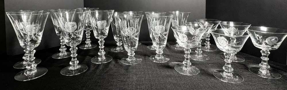 Fostoria Rose-Crystal Goblets-Deep Cut Grey Rose-6 Iced Tea, 6 Water, 6 Sherbet