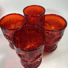 Vintage Mosser Glass Ruby Red Inverted Thistle 5-Piece Set Pitcher & 4 Tumblers