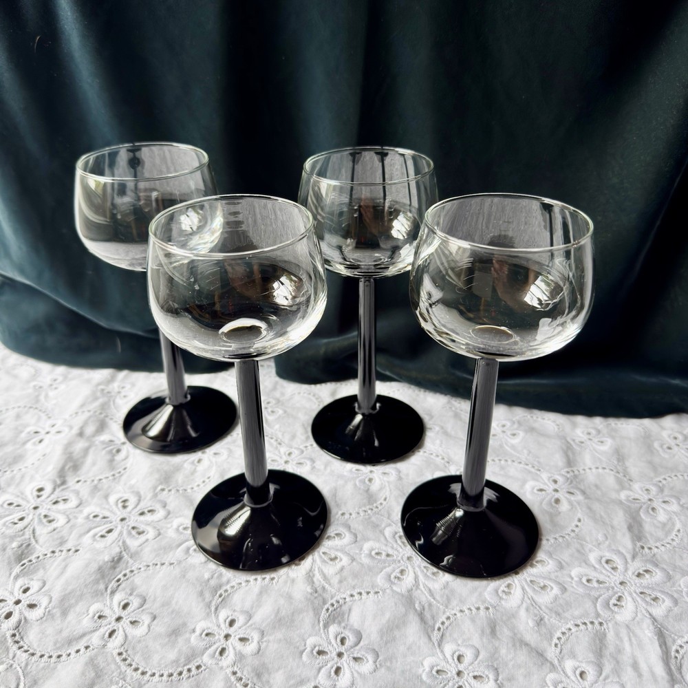 Set Of 4 Rhine Wine Domino Black Stem Glasses Cristal D’Arques Durand France