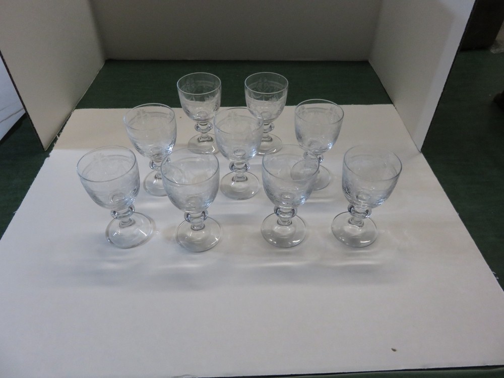 Vintage Etched Crystal Cordial Glasses {4 1/4 inch tall} 9 glasses total