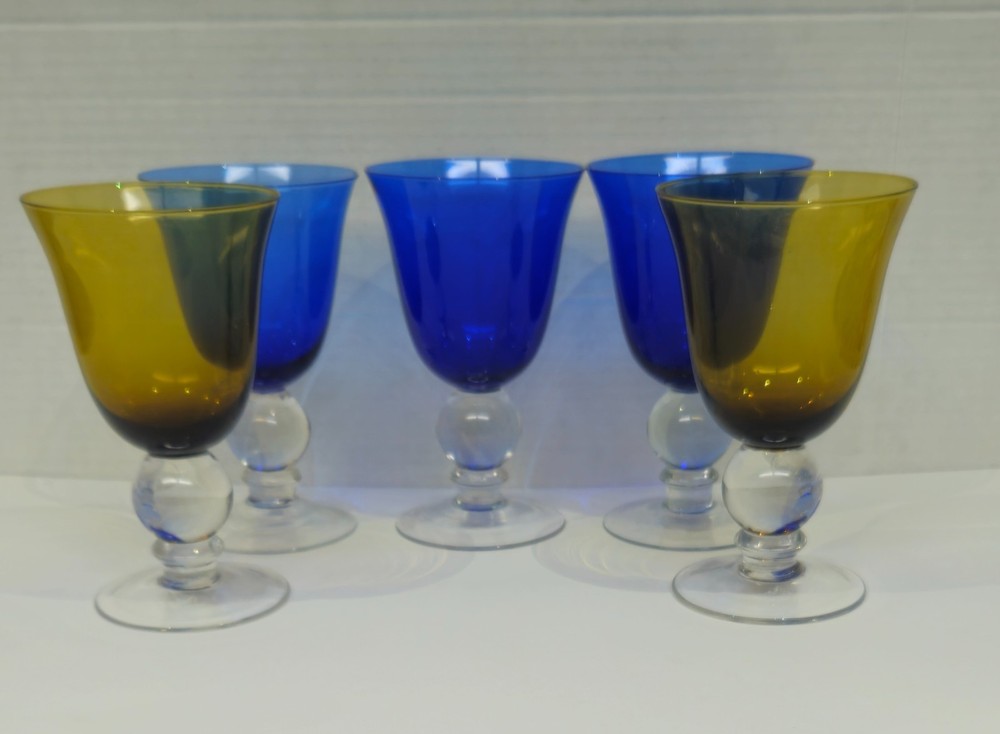Vintage Pier 1 Blue and Amber Flute Wine Goblet with Clear Ball Stem Set of 5
