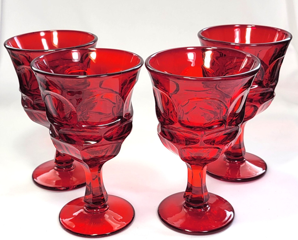 Fostoria Argus Ruby Red Stemmed 6.5″ Water Goblets Wine Glasses Set of 4 MCM