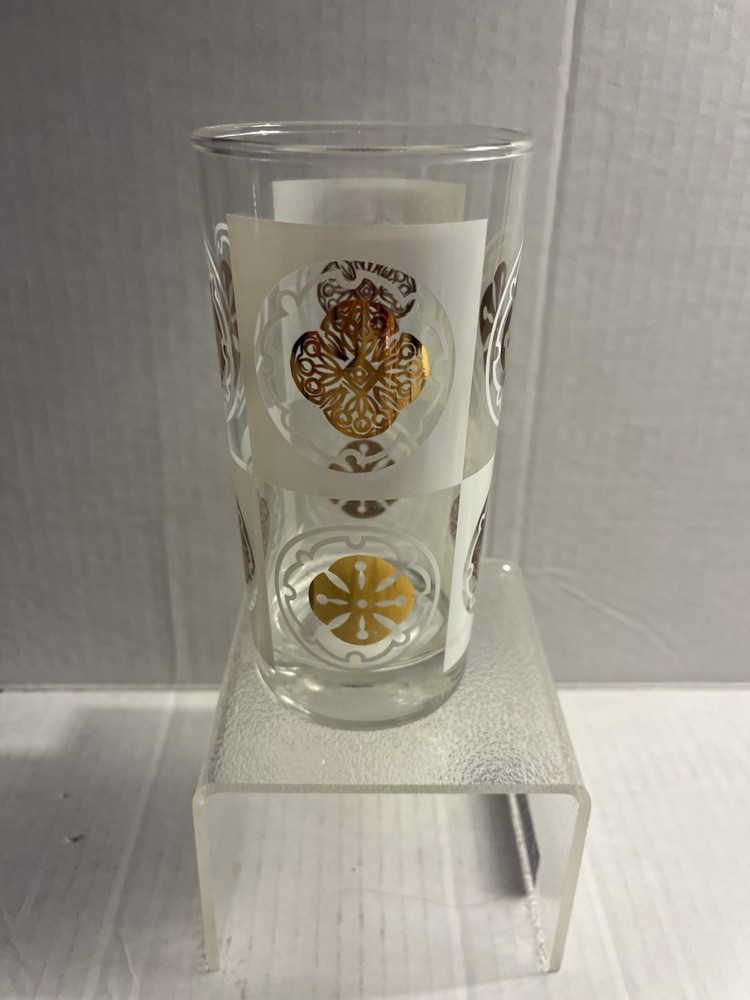 Vintage MCM Sand Dollar Medallion Gold & White Highball Tumbler Glass