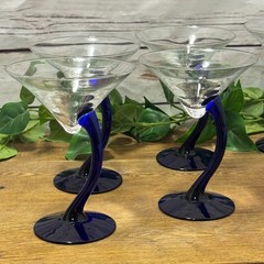 4 Martini Drink Glasses LIBBEY BRAVURA Cobalt Blue Curved Swerve Swing Stem Set