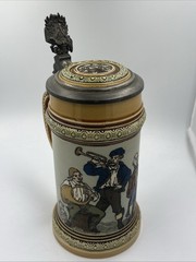 .5 L Etched Mettlach Beer Stein #1471 «Village Musicians» Inlaid Lid C. Warth