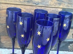 Vintage Libbey Cobalt Blue Champagne Flutes with Gold Stars Stemware Set of 6
