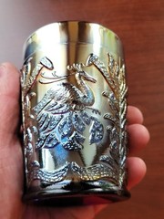 Silvery Bue Fenton Carnival Glass Fluffy Peacock Pattern Tumbler