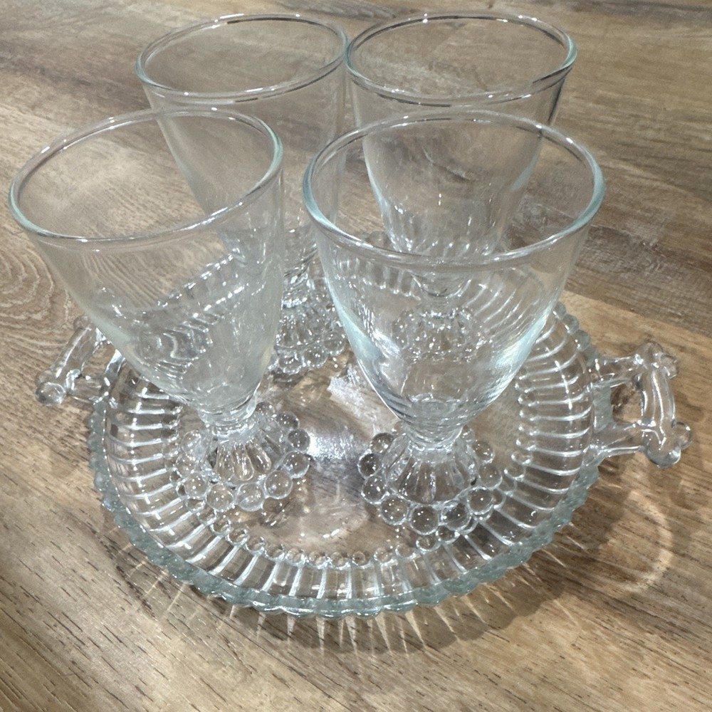 Set of 4 Clear Pressed Glass Stemmed Goblets with Handled Tray (Anchor Hocking)?