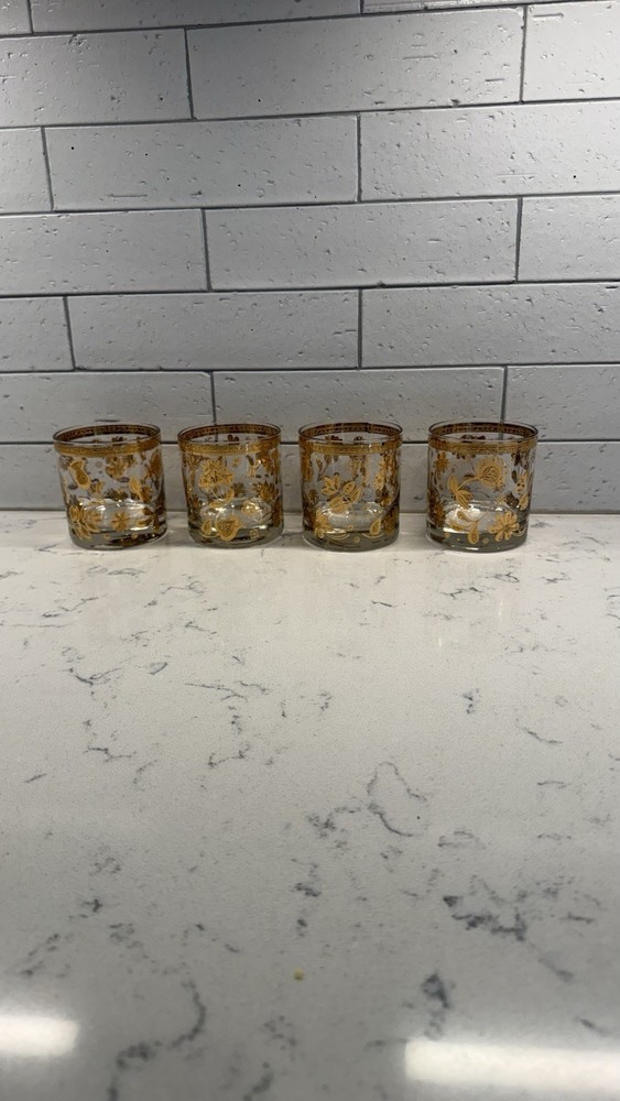 Vtg MCM Set 4 Culver Double Rocks Glasses Chantilly 22k Gold Retro Mod