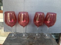Large balloon tall wine Neiman Marcus red cranberry glasses set of 4 Glass