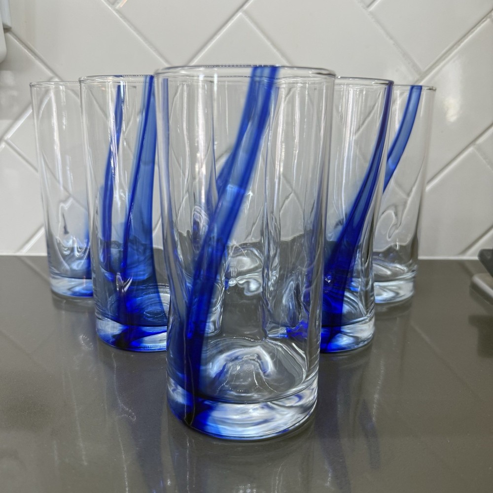 LIBBEY Crisa Blue Ribbon Dimpled Twist Swirl 6″ Glasses 16 Oz Set Of 6