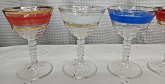 6 MCM VINTAGE RED / WHITE / BLUE COCKTAIL GLASSES 22KT GOLD RIMS STEMMED