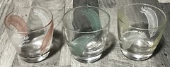 Libbey? 60’s MCM Lowball Glass Set (3) Feathers Barware Drink Cocktail W10