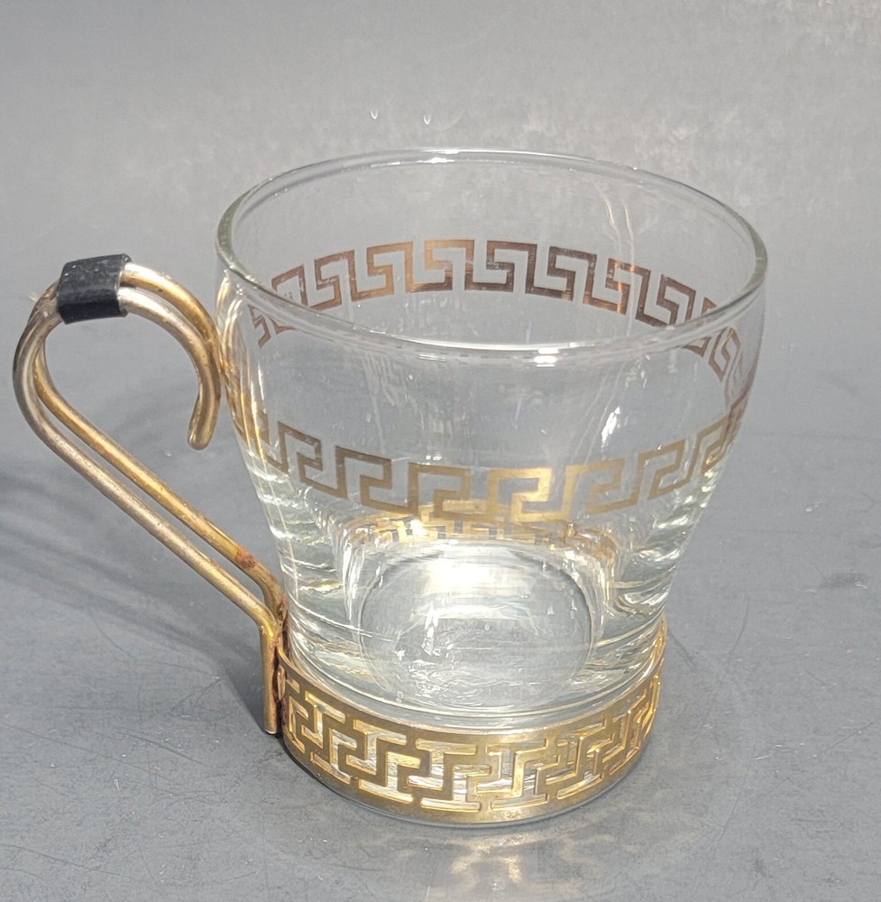 1 MCM LIBBY Amber Glass highball coffee Cups Gold Metal Removable Handle
