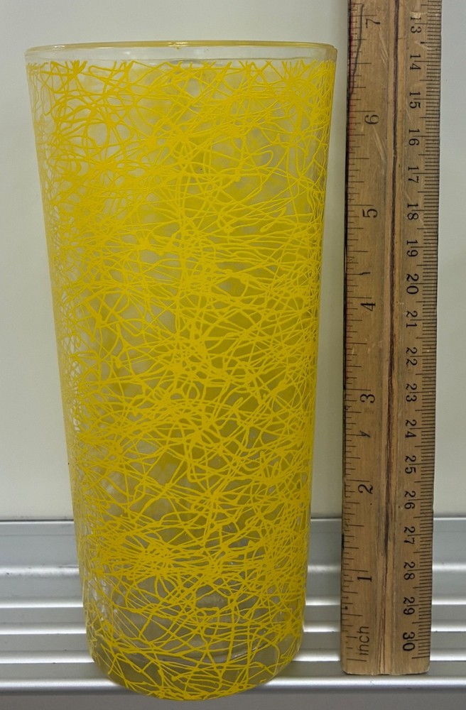 Vintage 6.5” Large Hazel Atlas Tumbler Glass Spaghetti String Drizzle Yellow MCM