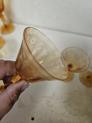 Fostoria Vesper Amber Liquor Cocktail Glasses Etched Floral Swag