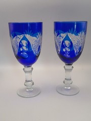 Vintage Bohemian Cobalt Blue Cut to Clear Crystal Cordial Glasses – Pair of 2
