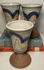Hand Thrown Studio Pottery Goblets Wine Glass White Brown Blue Set Of 3 8 Oz