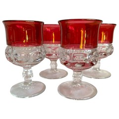 Set 4 Tiffin King’s Crown Thumbprint Ruby Red Flashed Top & Bottom Water Goblets