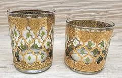 Vintage Culver Valencia Rocks Glasses Set 2 22K Gold Green Diamonds MCM. 2 sizes