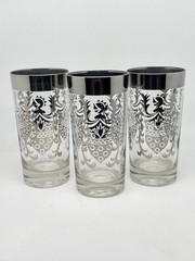 Vintage MCM Kimiko Silver Knights Shield Tumbler Glasses Set Of 3 Barware EUC