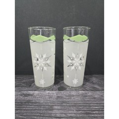 Pair Vintage MCM Atomic Snowflake Frosted Highball Glasses Green Diamond 16oz