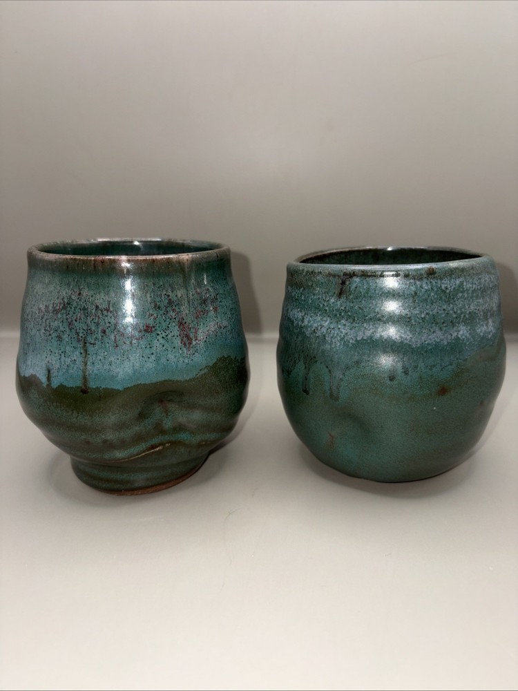 Pair of 2 Hand Thrown Studio Pottery Thumb Cups Teal Ceramic Dimple Tumbler