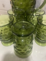 Vintage Indiana Whitehall Avocado Green Cubist Set Pitcher and 5 Glasses