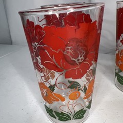 Vintage Red Orange Hibiscus Flower Clear Glass Tumblers 5” Libbey Lot of 3 MCM