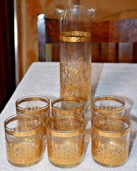 Vintage Culver ‘Espana’ Low Ball Cocktail Glasses & Cocktail Martini Mixer 7 pc