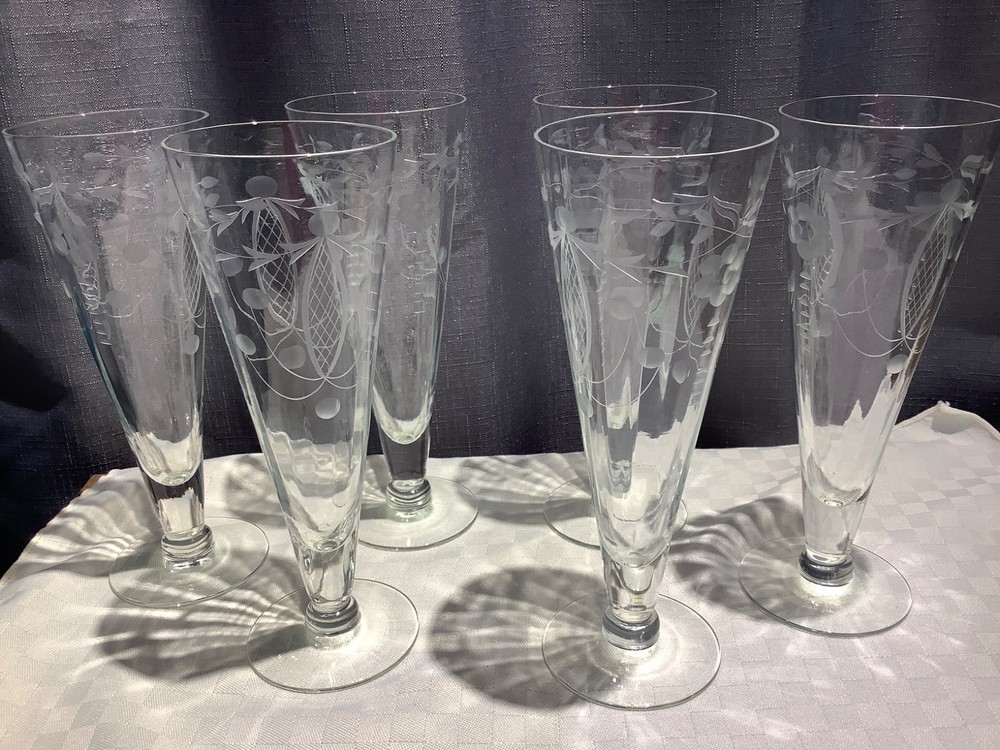 Champagne Sling Stemless Glass Pilsner Optic Etched Flowers Set of 6