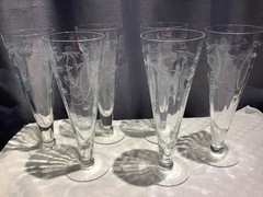Champagne Sling Stemless Glass Pilsner Optic Etched Flowers Set of 6