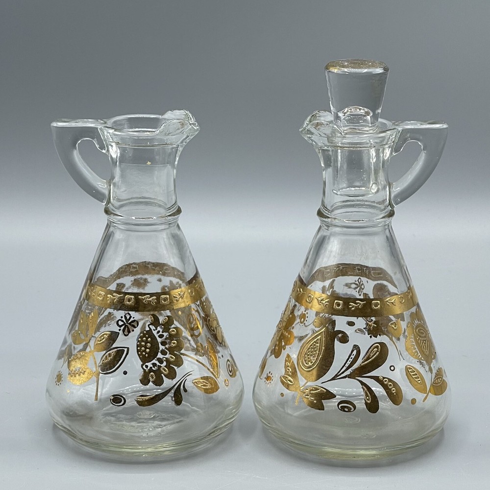 Vintage MCM Culver Glass Chantilly Oil & Vinegar Cruet Set Gold Floral AS IS