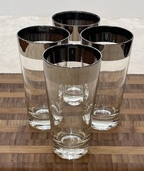 4 Vintage Silver Rimmed High Ball Glasses MCM 12 Oz. Tumbler 5 5/8″ Excellent