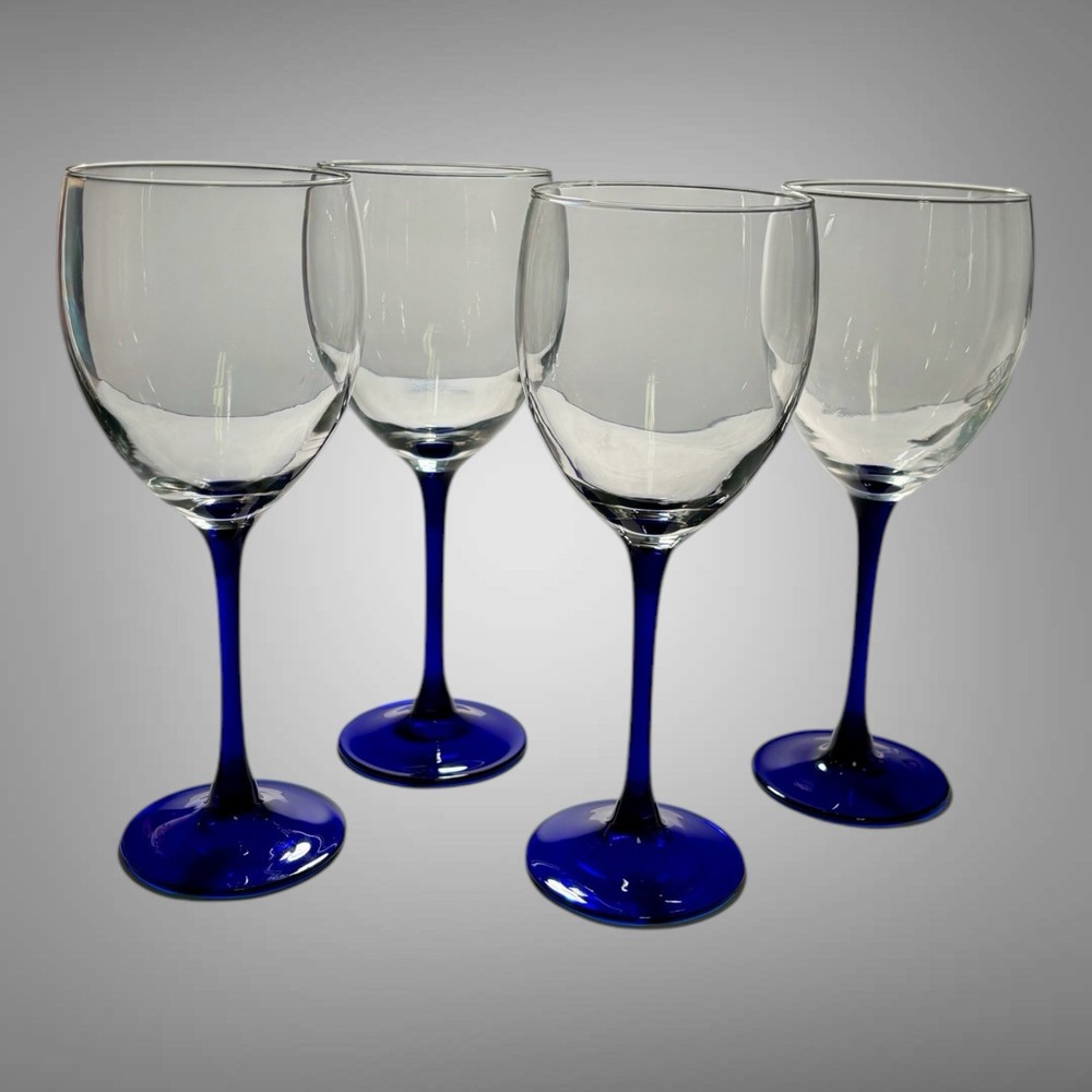 Set Of 4 Cristal D’Arques Neptune 8” Water/Wine Glasses Cobalt Stem