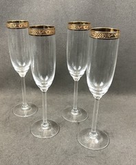 4 LENOX AUTUMN WIDE BAND ENCRUSTED GOLD TRIM CHAMPAGNE FLUTES GLASSES GLASS