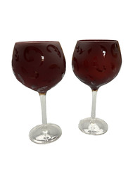 Ruby Red Wine Glasses Round Bowl Goblets Floral Etched, Clear Stems, 20 oz (2)