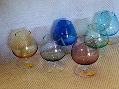 (6)Rare Icet Murano Cognac Brandy Glasses Set 4 Blue Green Red Yellow Nice Arte