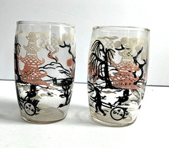 Set 2 Vintage MCM Drinking Glasses Asian Cherry Blossom Pink Pagoda Bar Ware 4″