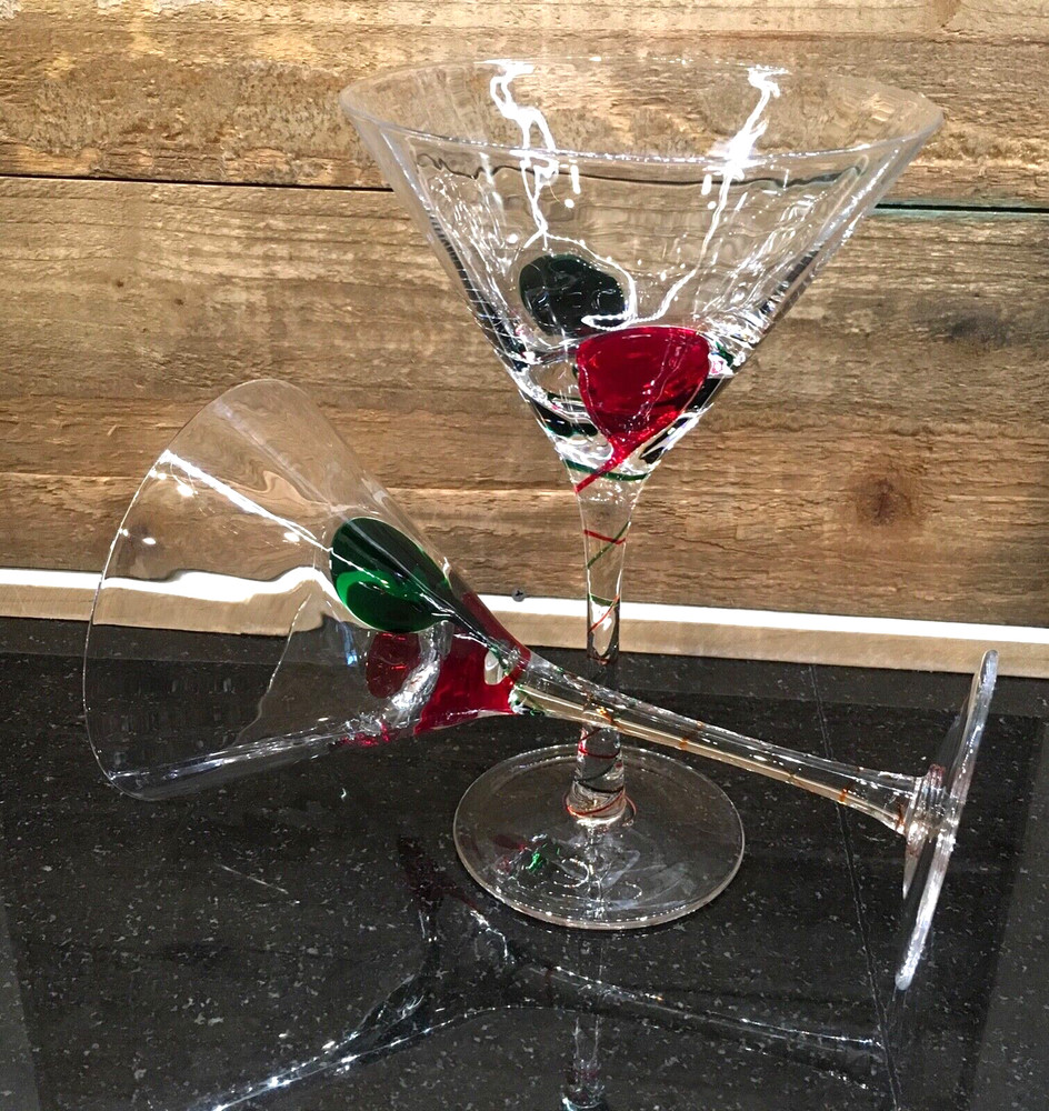 Pier 1 Imports Martini Cosmopolitan Glasses Optic Red & Green Stripe Set of 2