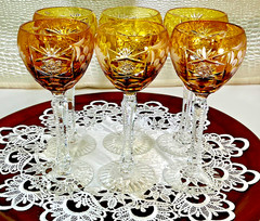 Cut to Clear Glass Crystal 8” Set of 6 Nachtmann Amber Yellow Hock Wine Glasses.