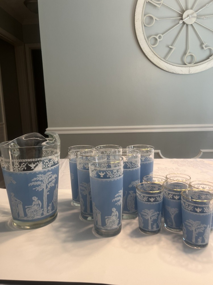 13pc Vintage Jeanette Hellenic Wedgwood Blue Pitcher Tumblers Juice Glasses